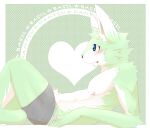  2013 anthro black_nose blue_eyes blush canine clothed clothing fur green_fur lying male mammal nipples on_back solo sum_kemono topless underwear white_fur wolf 