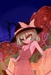  armpits bad_id bad_pixiv_id clothes_removed commentary dress eyebrows_visible_through_hair flower green_eyes green_hair hat hat_ribbon highres komeiji_koishi looking_to_the_side night night_sky open_mouth red_dress ribbon rose short_hair sky solo star_(sky) third_eye touhou tsuzuku_(hayamisyoto) 