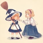  :t age_difference alice_margatroid apron black_footwear blonde_hair blue_dress blue_eyes blue_skirt bow broom capelet cheek_poking closed_mouth collared_dress commentary_request dress frilled_skirt frills full_body hairband hand_on_own_cheek hat hat_bow holding holding_broom kirisame_marisa long_sleeves mary_janes multiple_girls poking pout puffy_long_sleeves puffy_sleeves shoes short_hair skirt socks squatting standing touhou traditional_media waist_apron white_bow white_legwear witch_hat yellow_eyes younger yujup 