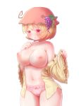  aki_minoriko arinu blonde_hair blush breasts cleavage eyebrows_visible_through_hair food frilled_sleeves frills fruit grapes hand_on_own_chest hat highres large_breasts long_sleeves looking_away looking_down navel nipples off_shoulder open_clothes panties pink_panties red_eyes red_hat short_hair simple_background solo thighs topless touhou underwear white_background wide_sleeves 