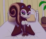  bed bedroom bedroom_eyes bit-small biting_lip blush breasts cleavage clothed clothing eyeshadow female fluffy fluffy_tail half-closed_eyes kneeling leaves makeup mammal nipples nude pecan_(animal_crossing) pillow rodent seductive solo squirrel wide_hips 