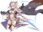  :d armor breasts cape covered_navel covered_nipples earrings elf gauntlets greaves grey_hair holding holding_sword holding_weapon jewelry kneeling left-handed leotard long_hair looking_at_viewer navel necklace open_mouth original pointy_ears purple_eyes revealing_clothes small_breasts smile sword tajima_ryuushi two_side_up weapon 
