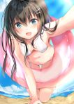  :d :p all_fours bangs bare_arms bare_shoulders beach bikini blush breasts brown_hair cleavage cloud day eyebrows_visible_through_hair fisheye foreshortening hair_ornament hairclip horizon innertube japanese_clothes kimono long_hair looking_at_viewer medium_breasts moe2018 navel ocean open_mouth original outstretched_arm pon_(ponidrop) reaching_out sand self_shot shore side-tie_bikini smile solo stomach swimsuit tareme thigh_gap tongue tongue_out transparent water white_bikini 