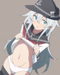  anchor_symbol ass_visible_through_thighs black_hat blue_eyes blush dutch_angle embarrassed hair_between_eyes hat hibiki_(kantai_collection) highres kantai_collection lifted_by_self long_hair long_sleeves looking_at_viewer navel neckerchief nel-c panties parted_lips red_neckwear school_uniform serafuku shirt shirt_lift sidelocks skirt skirt_pull solo underwear very_long_hair white_hair white_panties white_shirt 