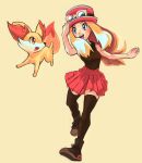  :d ankle_boots bare_arms bare_shoulders black_footwear black_legwear black_shirt blonde_hair blue_eyes blush boots breasts eyebrows eyelashes eyewear_on_head fennekin fox full_body gen_6_pokemon hand_on_headwear hand_up hat high-waist_skirt highres ikki_(degutaro_) long_hair looking_at_another miniskirt open_mouth pink_hat pink_skirt pleated_skirt poke_ball_theme pokemon pokemon_(creature) pokemon_(game) pokemon_xy serena_(pokemon) shirt simple_background skirt sleeveless sleeveless_shirt small_breasts smile solo sunglasses teeth thighhighs tongue yellow_background zettai_ryouiki 