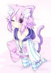  animal_ears cat_ears cat_tail commentary_request d-pad d-pad_hair_ornament eencya hair_ornament hood hooded_track_jacket jacket messy_hair neptune_(choujigen_game_neptune) neptune_(series) one_eye_closed open_clothes pillow purple_eyes purple_hair sleepy striped striped_legwear tail track_jacket 