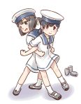  back-to-back black_eyes black_hair blue_sailor_collar bob_cut brown_eyes brown_hair daitou_(kantai_collection) depth_charge dress full_body hat hiburi_(kantai_collection) kantai_collection karasu_(naoshow357) locked_arms low_ponytail multiple_girls sailor_collar sailor_dress sailor_hat short_hair short_sleeves simple_background standing white_background white_hat 