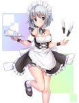  absurdres apron black_bow black_dress black_footwear blue_eyes blush bow braid breasts cleavage closed_mouth cup dagger detached_collar detached_sleeves dress floating floating_object frilled_apron frilled_dress frills hair_bow highres holding holding_tray izayoi_sakuya kneehighs leg_up long_hair looking_at_viewer maid maid_apron maid_headdress medium_breasts puffy_short_sleeves puffy_sleeves sea_scorpion_(umisasori) shiny shiny_skin short_hair short_sleeves silver_hair smile solo standing standing_on_one_leg strapless strapless_dress teacup teapot thighs touhou tray twin_braids waist_apron weapon white_apron white_legwear wrist_cuffs 
