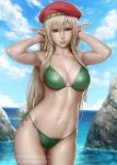  alleyne_(queen's_blade) armpits arms_behind_head bangs bare_arms bare_shoulders beret bikini blonde_hair blue_eyes blue_sky braid breasts closed_mouth cloud commentary contrapposto cowboy_shot dated day deviantart_username elf green_bikini hair_between_eyes hands_up hat highres large_breasts leaf_bikini legs_together lips long_hair looking_at_viewer navel ocean outdoors patreon_username pointy_ears queen's_blade realistic red_hat revision rock sciamano240 side-tie_bikini signature sky solo standing swimsuit thigh_gap wading water watermark wet 