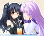  ^_^ ahoge bare_shoulders black_gloves black_hair blue_sailor_collar blush breasts choujigen_game_neptune choujigen_game_neptune_mk2 closed_eyes crazy_straw cup doria_(5073726) drink drinking drinking_glass drinking_straw elbow_gloves eyebrows_visible_through_hair gloves hair_ornament hairpin halter_top halterneck hand_on_own_cheek happy heart heart_straw highres ice ice_cube long_hair long_sleeves multiple_girls nepgear neptune_(series) nose_blush pink_hair red_eyes sailor_collar shirt sidelocks simple_background sleeveless small_breasts striped sweatdrop table twintails uni_(choujigen_game_neptune) upper_body v-shaped_eyebrows white_shirt wing_collar yellow_background yellow_neckwear yuri 
