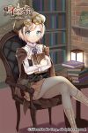  age_of_ishtaria belldot belt beret blonde_hair blue_eyes book boots capelet carter_(age_of_ishtaria) chair company_name copyright_name goggles goggles_on_headwear hat key lamp official_art pantyhose short_hair sitting solo 