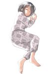  animal_print barefoot cat_print clenched_hands closed_eyes commentary_request from_side full_body long_sleeves lying on_side original pajamas pants parted_lips short_hair simple_background sleeping solo suzunari_shizuku white_background yuki_arare 