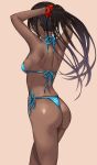  arms_up ass back bare_arms bare_back bare_shoulders bikini black_hair blue_ribbon breasts cowboy_shot dark_skin earrings facing_away from_behind hai_ookami hair_ornament hair_scrunchie hairdressing highres jewelry long_hair medium_breasts original ponytail red_scrunchie ribbon scrunchie shiny shiny_skin shoulder_blades side-tie_bikini sideboob simple_background solo standing stud_earrings swimsuit thighs tying_hair yellow_background 
