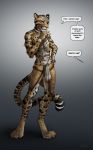  anthro bandage chain clothed clothing collar dialogue digitigrade feline hindpaw leopard loincloth male mammal paws simple_background solo standing titusw topless whiskers 
