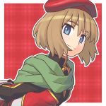  arms_behind_back bangs black_gloves blue_eyes brown_hair closed_mouth copyright_request eyebrows_visible_through_hair gloves green_scarf hat highres long_sleeves looking_at_viewer red_background red_hat reiesu_(reis) scarf short_hair smile solo turtleneck upper_body 