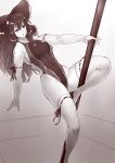  bow competition_swimsuit elbow_gloves feet_out_of_frame gloves hair_bow hair_tubes hakurei_reimu long_hair looking_at_viewer monochrome one-piece_swimsuit pole pole_dancing ribbon_trim sepia solo swimsuit thighhighs tobisawa touhou 