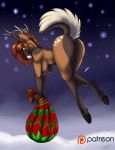  2018 antlers breasts cervine christmas female flying hair holidays hooves horn mammal night nude orange_hair outside pmoss presenting pussy raised_tail reindeer side_boob snow solo winter 