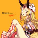  arm_tattoo bare_shoulders beads blonde_hair breasts earrings facial_tattoo fate/grand_order fate_(series) fishine hair_ribbon horns ibaraki_douji_(fate/grand_order) japanese_clothes jewelry kimono knee_up leg_tattoo long_hair looking_at_viewer oni open_mouth patreon_logo patreon_username pointy_ears ribbon signature simple_background sitting sleeveless small_breasts solo tattoo third_eye yellow_background yellow_eyes yellow_kimono 