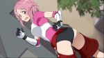  ass black_panties breastplate dutch_angle elbow_gloves embarrassed game_cg gloves hair_ornament hairclip highres indoors leaning_forward lisbeth looking_back official_art open_mouth panties pink_hair pink_shirt red_eyes shirt short_hair short_sleeves solo standing sword_art_online sword_art_online:_fatal_bullet underwear 