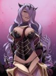 arm_guards arms_at_sides between_breasts black_panties breasts camilla_(fire_emblem_if) capelet cleavage curly_hair faulds fire_emblem fire_emblem_if gloves gradient gradient_background hair_over_one_eye horns large_breasts lips long_hair looking_at_viewer mike_nesbitt panties parted_lips purple_eyes purple_gloves purple_hair revealing_clothes see-through signature solo standing sword tiara underwear very_long_hair weapon 