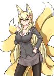  alternate_costume animal_ear_fluff animal_ears bad_id bad_pixiv_id black_legwear blonde_hair boy_(pixiv17542438) breasts chinese_commentary cleavage commentary_request contemporary cowboy_shot eyebrows_visible_through_hair fox_ears fox_tail green_eyes hair_between_eyes hair_ornament hand_on_hip highres index_finger_raised large_breasts large_tail long_hair looking_at_viewer mon-musu_quest! multiple_tails older open_mouth pantyhose side_slit simple_background skirt solo tail tamamo_(mon-musu_quest!) very_long_hair white_background 