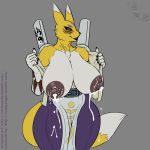  anthro badgengar big_breasts blush breasts clothed clothing digimon female huge_breasts hyper hyper_breasts japanese_clothing lactating lipstick loincloth looking_at_viewer makeup nipples open_shirt smile solo standing strikeanywhere taomon voluptuous 