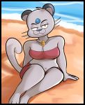  2018 3_toes 4_fingers alolan_persian beach bedroom_eyes breasts cleavage clothed clothing collar digital_media_(artwork) dot_eyes eyelashes fangs feline female fur gabbah grey_fur half-closed_eyes hi_res looking_at_viewer mammal navel nintendo pok&eacute;mon pok&eacute;mon_(species) seaside seductive sitting smile solo swimsuit toes video_games whiskers 