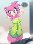  amy_rose annoyed anthro breasts dialogue english_text female green_eyes hair hands_behind_head hedgehog mammal naked_towel open_mouth pink_hair short_hair sink solo sonic_(series) text towel tsampikos 