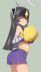  :o antennae ass bangs bare_shoulders black_hair blush breasts cheerleader contrapposto elbow_gloves eyebrows_visible_through_hair from_behind gloves grey_background headgear highres large_breasts long_hair looking_at_viewer looking_back no_nose parted_lips pom_poms purple_skirt simple_background skirt solo standing striped striped_gloves sumiyao_(amam) ultra_kaijuu_gijinka_keikaku ultra_series yellow_eyes zetton 