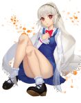  altera_(fate) alternate_costume black_footwear blue_dress bobby_socks bow bowtie commentary_request dress fate/grand_order fate_(series) full_body gaoyang_ou_nisang head_tilt highres knees_together_feet_apart long_sleeves looking_at_viewer parted_lips red_eyes red_neckwear shirt shoes short_hair silver_hair sitting sleeveless sleeveless_dress sleeves_past_wrists socks solo veil white_background white_legwear white_shirt 