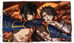  2girls :o black_hair blood blood_on_face blue_eyes blurry blurry_background brown_hair commentary_request depth_of_field fate/grand_order fate_(series) frown fujimaru_ritsuka_(male) gauntlets green_eyes hand_up long_hair long_sleeves looking_at_viewer mi_(pic52pic) multiple_boys multiple_girls open_mouth ponytail shirtless sweatdrop tattoo yan_qing_(fate/grand_order) 