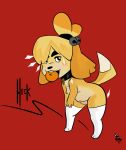  2018 animal_crossing anthro breasts buckteeth canine choker clothing digital_media_(artwork) dog dot_eyes eating female fur invalid_color isabelle_(animal_crossing) legwear looking_at_viewer mammal navel newd nintendo nipples nude open_mouth pussy red_background simple_background slightly_chubby standing teeth thigh_highs video_games yellow_fur 