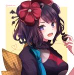 :d absurdres bangs blue_eyes blush chocolate commentary_request eyebrows_visible_through_hair fate/grand_order fate_(series) fur_trim hair_ornament heart-shaped_food highres holding katsushika_hokusai_(fate/grand_order) long_sleeves obi open_mouth purple_hair sash smile solo tanaji twitter_username upper_body 