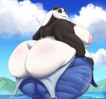  2018 anthro areola bear big_breasts big_butt black_fur black_nose blue_bottomwear blue_eyes blush breasts butt clothed clothing cloud detailed_background female fur gillpanda gillpanda_(character) half-closed_eyes hi_res looking_at_viewer looking_back looking_down mammal multicolored_fur nipples nude outside overweight overweight_female panda partially_clothed pink_nipples short_tail sky standing thick_thighs tight_clothing water white_fur white_tail 