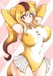  animal_ears arm_behind_head arm_up armpits blonde_hair breasts brown_hair cameltoe circlet closed_mouth commentary_request covered_navel covered_nipples elbow_gloves eyebrows_visible_through_hair gloves golden_snub-nosed_monkey_(kemono_friends) highleg highleg_leotard highres huge_breasts impossible_clothes impossible_leotard kemono_friends leotard long_hair looking_at_viewer monkey_ears monkey_tail multicolored_hair partial_commentary ponytail red_eyes skin_tight smile solo standing tail two-tone_hair upper_body yellow_gloves ziogon 
