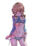  aqua_panties arm_at_side ass_visible_through_thighs bangs blush bow bow_panties breasts brown_eyes brown_hair closed_mouth cowboy_shot drill_hair embarrassed eyebrows_visible_through_hair frown groin hair_ornament head_tilt highres idolmaster idolmaster_cinderella_girls legs_apart lifted_by_self long_sleeves looking_at_viewer medium_breasts morikubo_nono mouth_hold navel panties pink_bow raised_eyebrows sak_(lemondisk) shirt_lift side-tie_panties simple_background solo standing stomach stuffed_toy sweat swept_bangs thighs underboob underwear untying white_background 