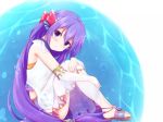  armlet bubble dress from_side grimms_notes highres knees_to_chest long_hair natsu_(927013) purple_eyes purple_hair sandals sitting smile solo the_little_mermaid the_little_mermaid_(andersen) water white_dress 