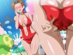  1boy 1girl brown_hair censored cum hanako_(pokemon) makino_tomoyasu milf pokemon pokemon_(anime) pokemon_sm_(anime) swimsuit 