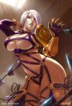  1girl armor breasts hair_over_one_eye impossible_clothes isabella_valentine koshiosaur large_breasts navel patreon revealing_clothes silver_hair single_gauntlet solo soul_calibur soulcalibur_iv stomach underboob whip whip_sword 