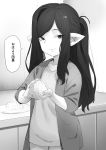  alternate_hairstyle arulumaya casual commentary_request contemporary cooking food granblue_fantasy greyscale harvin highres indoors looking_at_viewer monochrome onigiri pointy_ears ponytail solo table toriudonda translated 