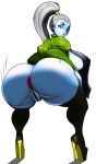  10s 1girl anus ass blue_skin breasts daishinkan dragon_ball dragon_ball_super dress erect_nipples female high_heel_boots huge_ass large_breasts open_mouth ponytail purple_eyes purple_lips pussy sideboob simple_background solo thigh_boots thighs universe_6_(dragon_ball) vados_(dragon_ball) 