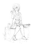  casual dress eating fate/grand_order fate_(series) food full_body glasses greyscale highres hood hoodie mash_kyrielight monochrome onigiri outdoors shoes sketch solo thermos toriudonda 