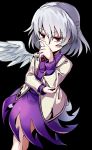  arm_rest bangs black_background brown_jacket commentary_request covering_mouth dress eyebrows_visible_through_hair feathered_wings feet_out_of_frame hair_between_eyes hand_over_own_mouth highres jacket jitome kishin_sagume long_sleeves looking_at_viewer manarou open_clothes open_jacket purple_dress red_eyes short_hair silver_hair simple_background single_wing solo standing touhou wings 