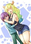  1girl :d ^_^ age_difference black_tank_top blonde_hair blue_hair blush breast_press breasts cheek_squash closed_eyes commentary denim denim_shorts eva_(ginln) eyebrows_visible_through_hair gradient green_hair horns hug kobayashi-san_chi_no_maidragon large_breasts long_hair magatsuchi_shouta multicolored_hair open_mouth pants purple_eyes purple_hair quetzalcoatl_(maidragon) shorts smile tank_top wavy_hair wavy_mouth 