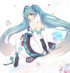  aqua_eyes aqua_hair arms_behind_back bare_shoulders boots detached_sleeves floating_hair from_behind hatsune_miku highres kicchan long_hair looking_back magical_mirai_(vocaloid) microphone sitting skirt solo thigh_boots thighhighs twintails very_long_hair vocaloid white_background 