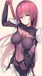  arm_up bangs beige_background bodysuit borushichi breasts eyebrows_visible_through_hair fate/grand_order fate_(series) hair_between_eyes head_tilt highres holding large_breasts long_hair looking_at_viewer parted_lips purple_bodysuit purple_hair red_eyes scathach_(fate)_(all) scathach_(fate/grand_order) simple_background solo very_long_hair 