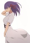  1girl arm_behind_head breasts dress fate/stay_night fate_(series) hair_ribbon highres matou_sakura purple_eyes purple_hair ribbon short_hair simple_background solo sonri white_background white_dress 