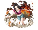  barefoot black_eyes black_hair blue_shorts boa_hancock bodskih breasts cleavage collarbone fire floating_hair groin long_hair medium_breasts midriff navel one_eye_closed one_piece open_mouth purple_shirt running shirt shorts solo stomach torn_clothes torn_shirt torn_shorts transparent_background younger 