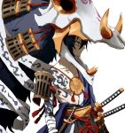  black_hair bone helmet horns japanese_clothes katana male_focus onmyoji red_eyes simple_background skull solo sword tamagoumauma tattoo weapon white_background yamakaze_(onmyoji) 