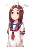  1girl arms_behind_back bangs blush brown_eyes brown_hair cat closed_mouth eyebrows_visible_through_hair karakai_jouzu_no_takagi-san long_hair nagi_uru neckerchief on_head parted_bangs shirt short_sleeves smile takagi-san white_background white_cat white_shirt 